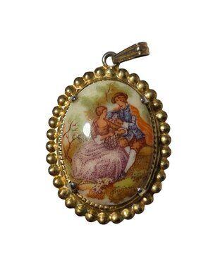 Vintage Oval Porcelain Pendant Romantic Victorian Couple Courting Gold Tone